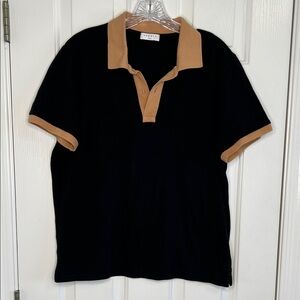 Sandro Paris black polo with tan collar & ring sleeves size large